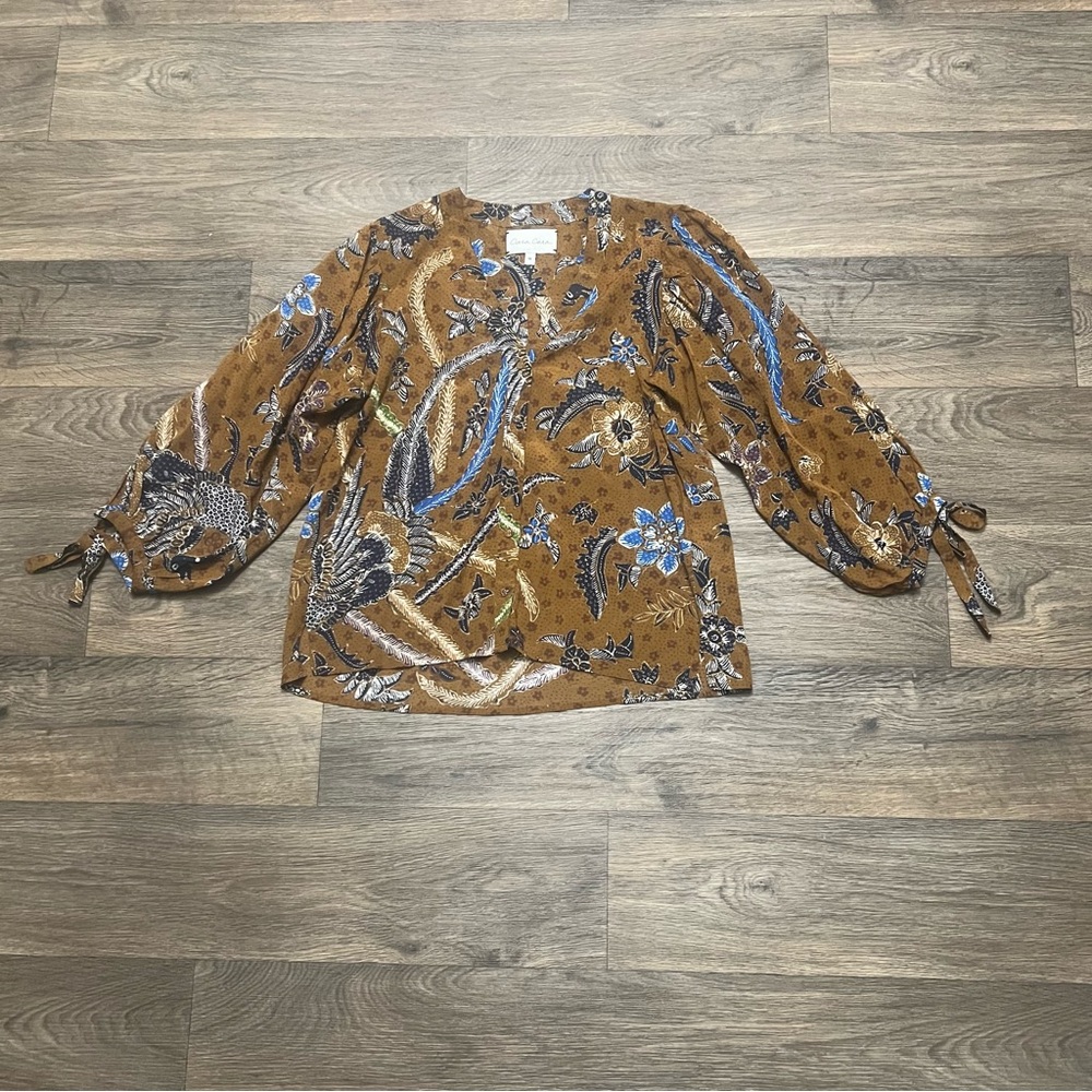 Cara Cara Win Batik Floral Tie Sleeve Blouse Brown Boho Peasant Size Medium - Picture 3 of 7
